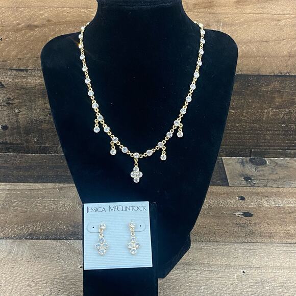 Jessica McClinton Gold Toned Dainty Crystal Necklace and Drop Dangle Earrings - Picture 1 of 9
